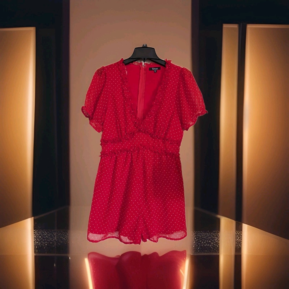Trixxi Red Polka Dot Crepe Romper Ruffle Trim V-Neck Short Sleeve 26AU2031SI M